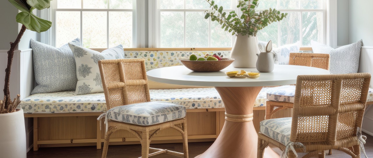 Round table breakfast nook table with pastel colors and a bench with seating near three windows 